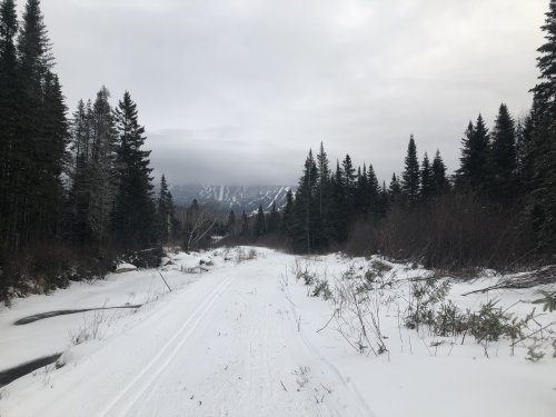 The same view in clouds and fresh snowfall.