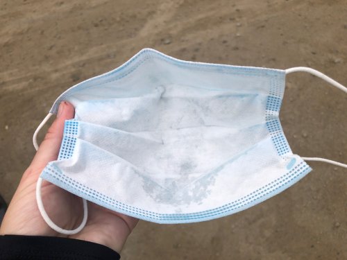 It took an hour-long run to saturate a surgical mask. Fabric masks wet quicker, so choose well for your run. Also, white side towards the face!!