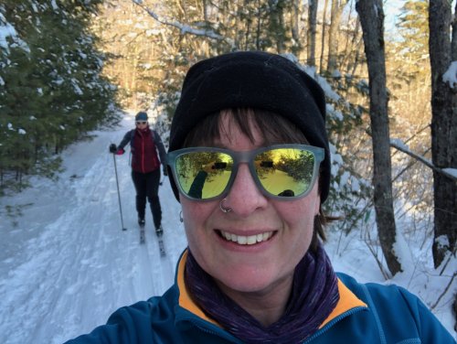 Skiing with Lentil. My injury has given us more time to spend together on the sports she enjoys.